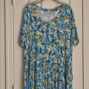 LOGO by Lori Goldstein Blue Green Floral Midi Dress Size M – Boho Travel Stretch